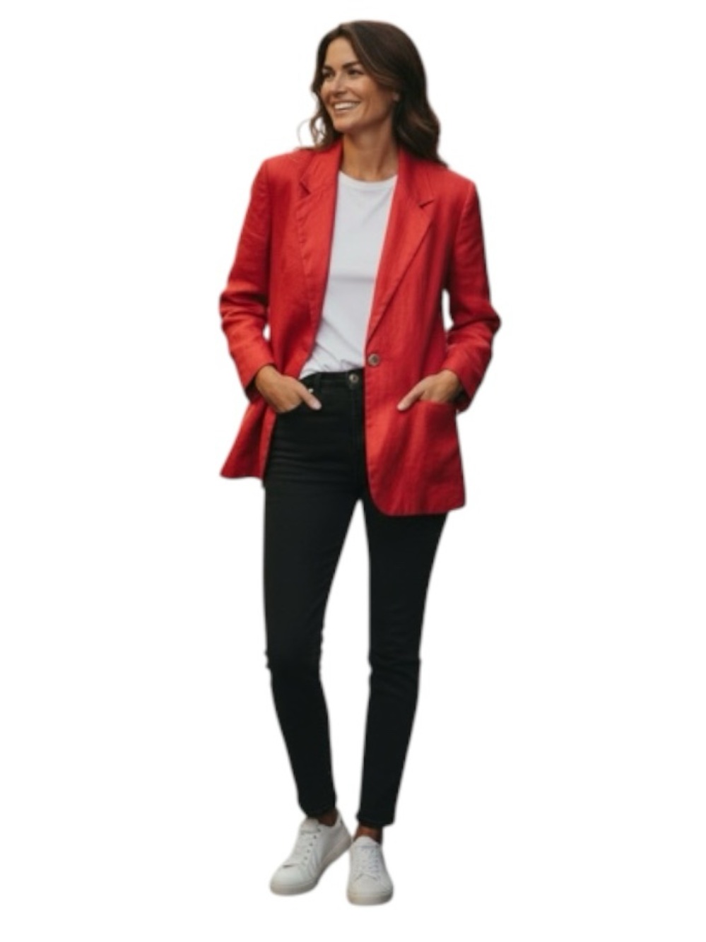 Vintage Talbots Cherry Red 100% Linen Blazer Sz 14p Single Breasted Staple Layer